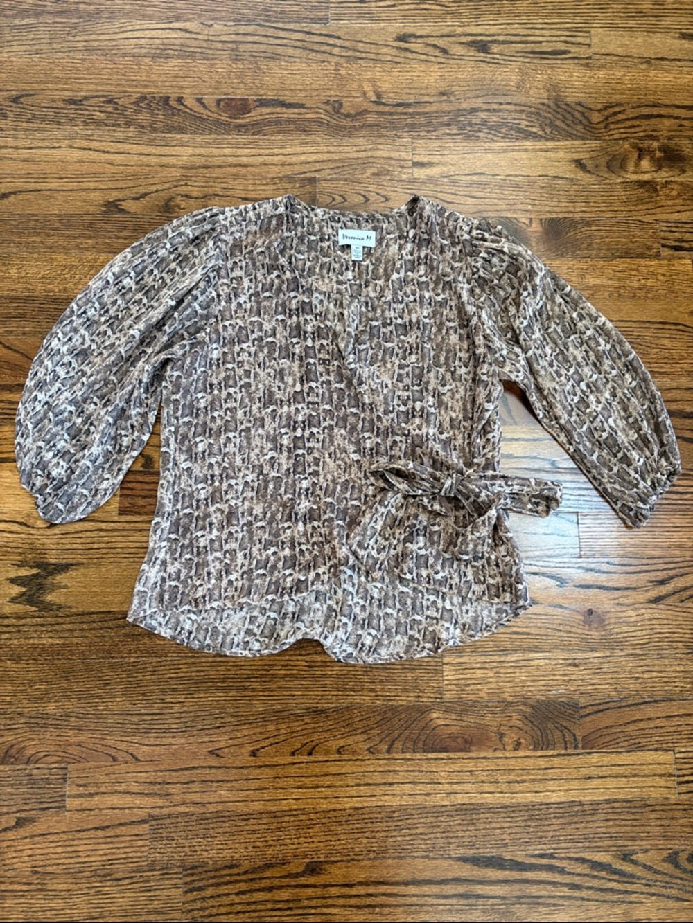 Textured Brown Printed Wrap Top with Tie Waist